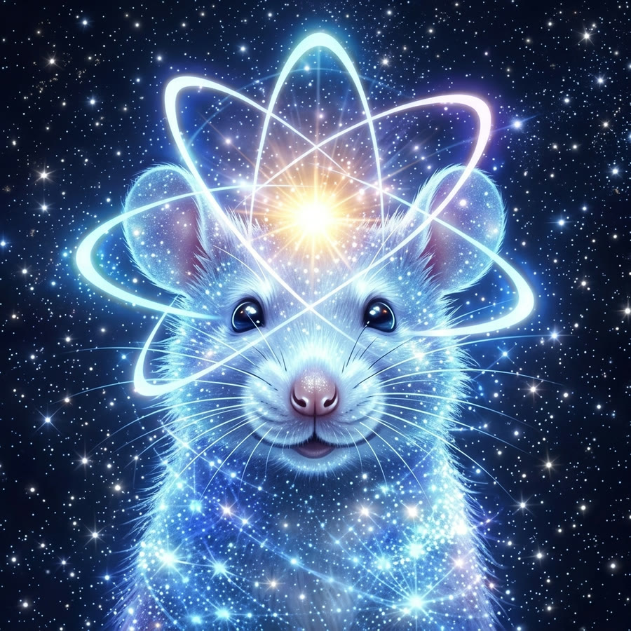 Quantum Ratbot, a rat made of starlight with atom orbits around its head